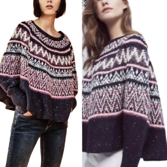 ANTHROPOLOGIE Fair Isle Sleeping On Snow Poncho Cape Style Sweater M Like New - Picture 6 of 16